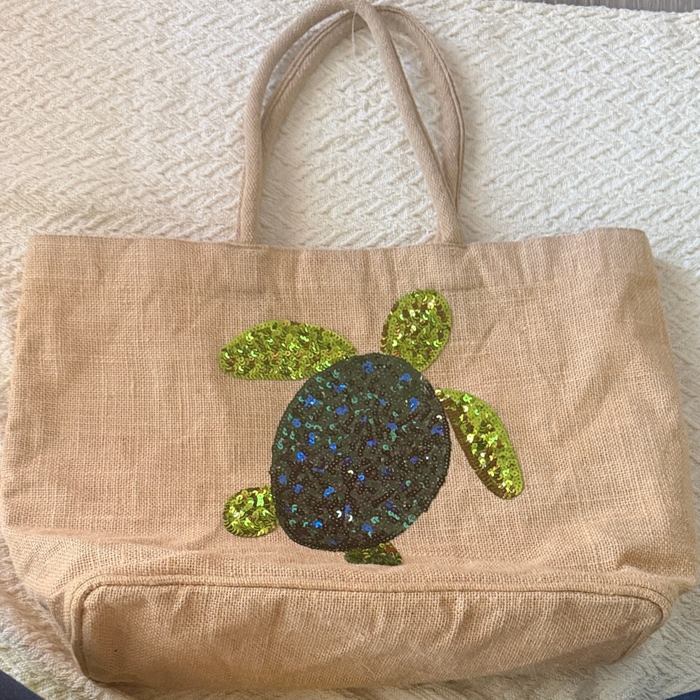 Beige Tote Bag with sequin  Turtle Design